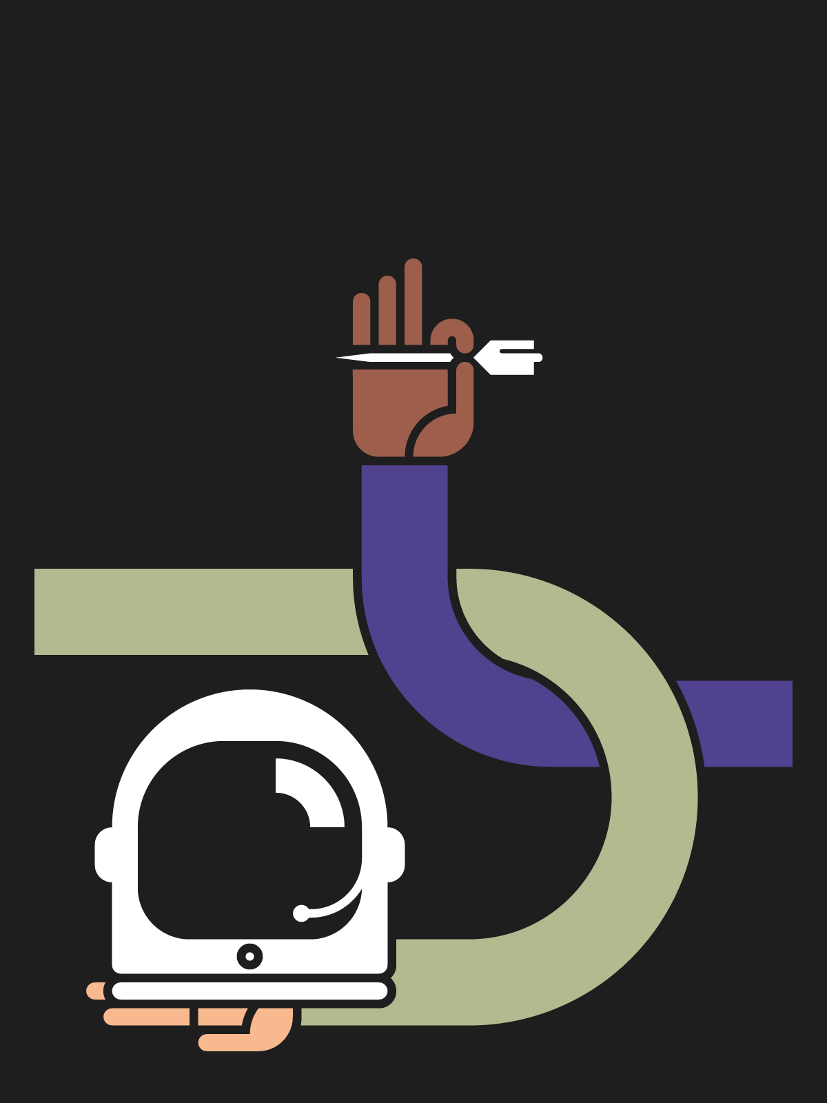 Illustration depicting two stylised hands holding an astronaut helmet and a dart.