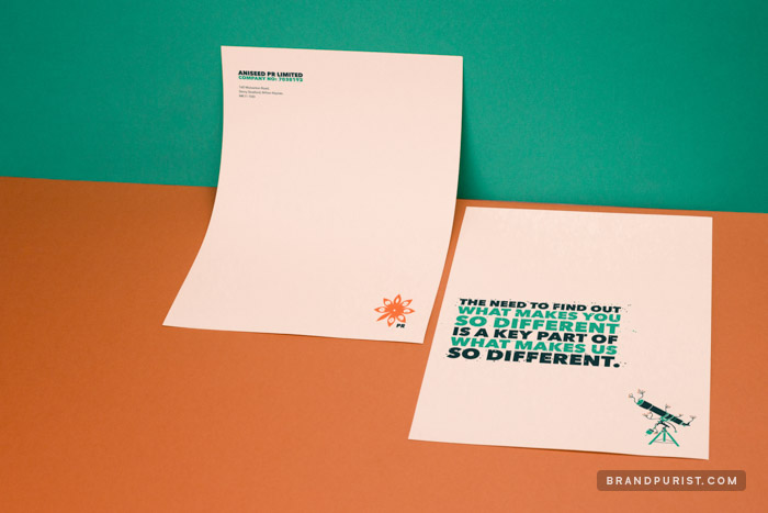 Printed letterhead design with aniseed illustrations and bold typography for AniseedPR.