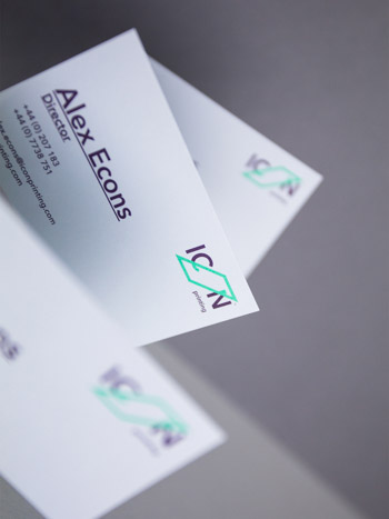 The ICON Printing business card front design incorporates simple, easily legible typography.