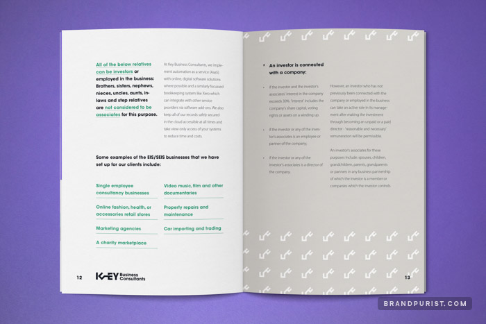 Pages decorated with the key logo mark within a simple typographic style and grid system.