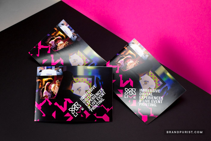 YR Live brochure cover designs with angular typography.