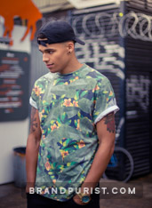 Menswear featuring a tropical print t-shirt from YR Store’s lookbook collection.