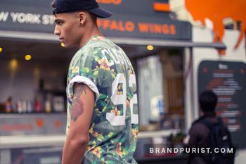 Men’s personalised t-shirt with a distinctive tropical print design as featured in YR Store’s lookbook.