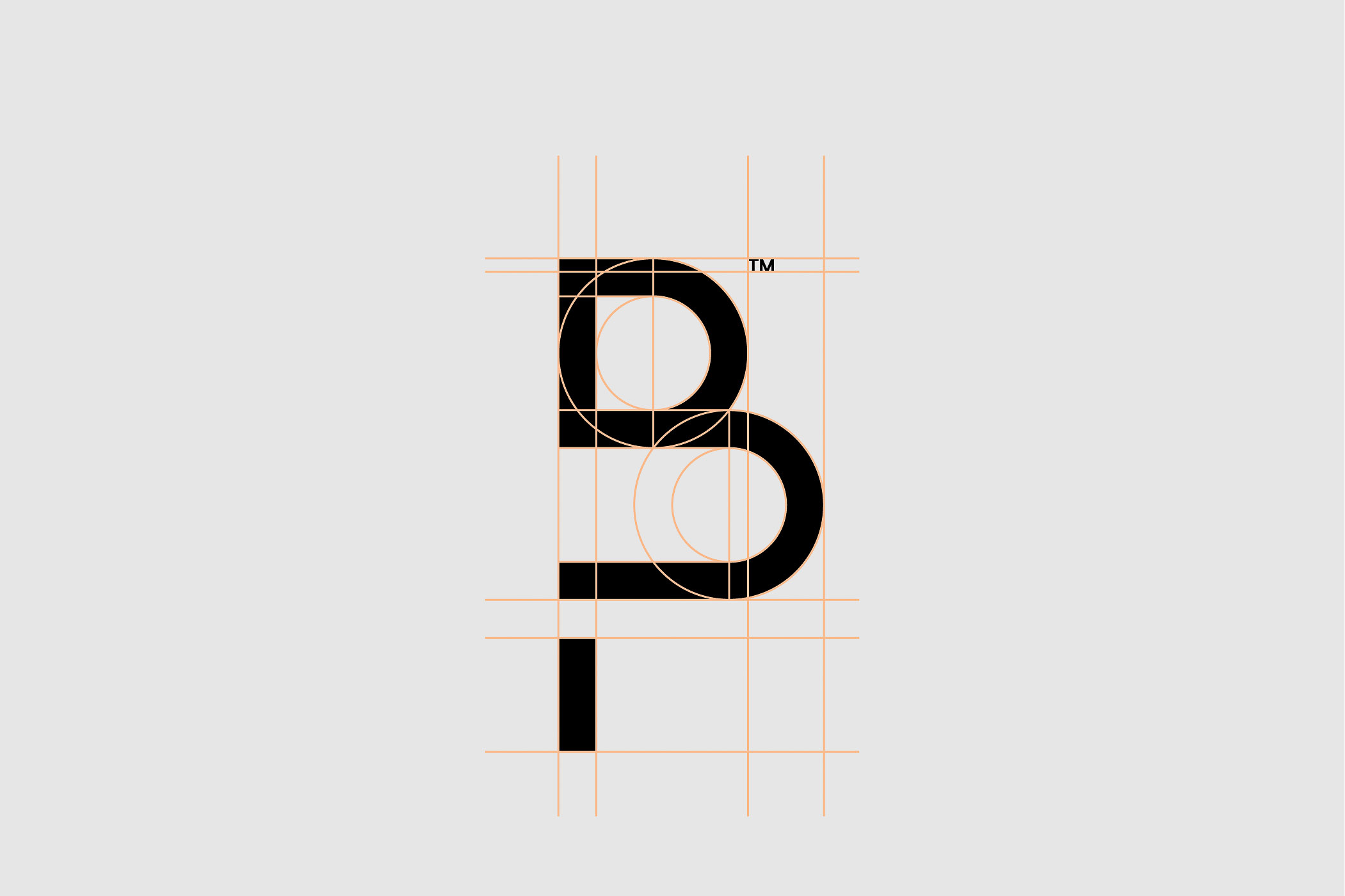 단색 배경에 가이드라인을 따라 나타나는 Brand Purist의 BP 로고 마크 디자인.