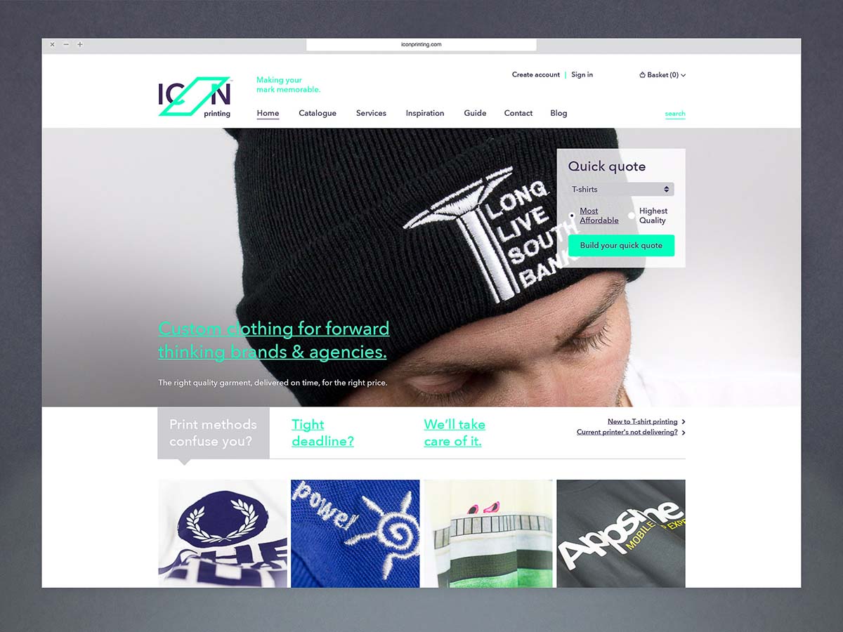 Startseite von ICON Printing mit Heldendarstellungen, die die Qualität und Detailfreudigkeit der Firma betonen.