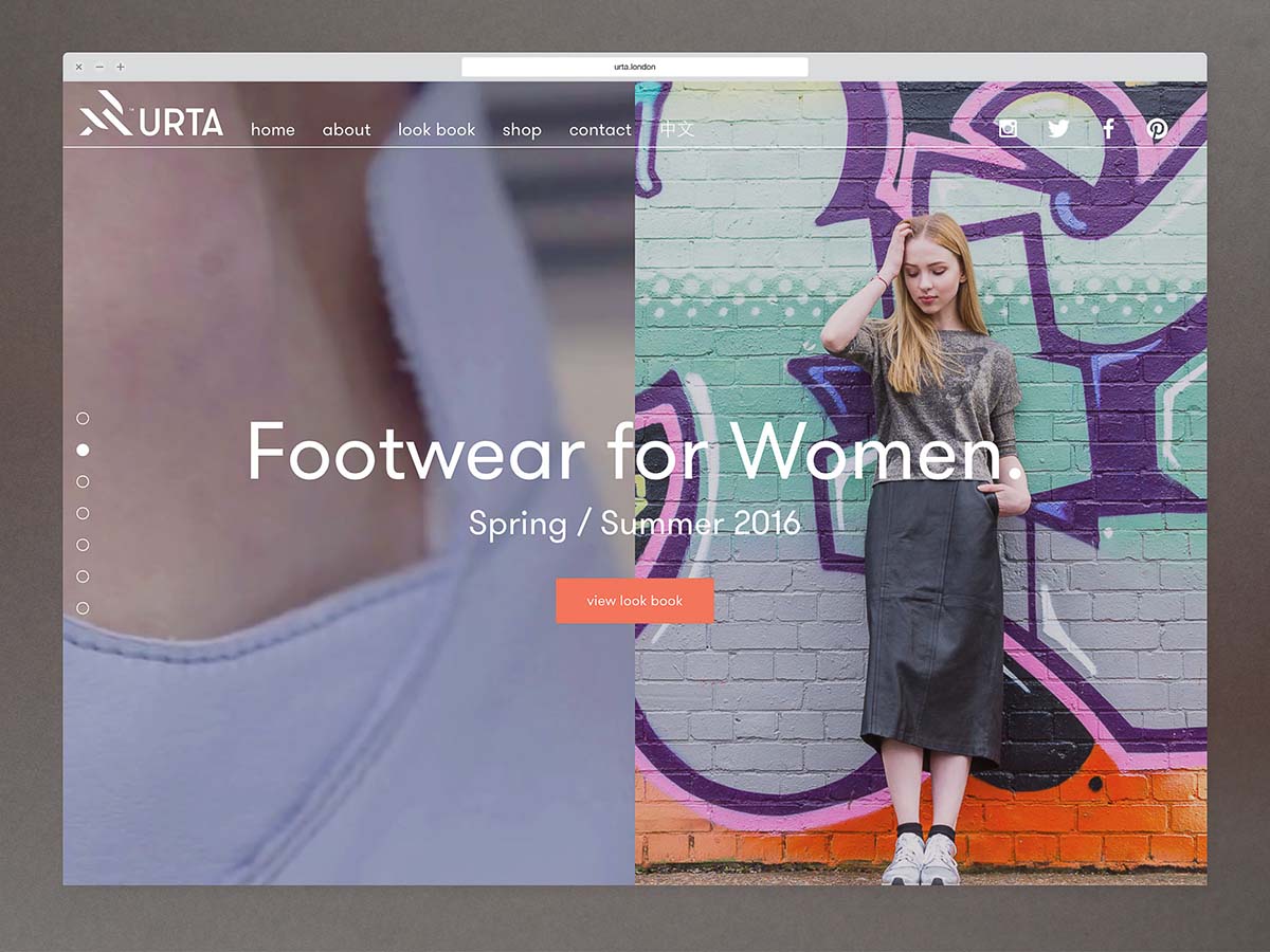 Startseite der Webseite von URTA mit einem Foto von Frauenschuhen.