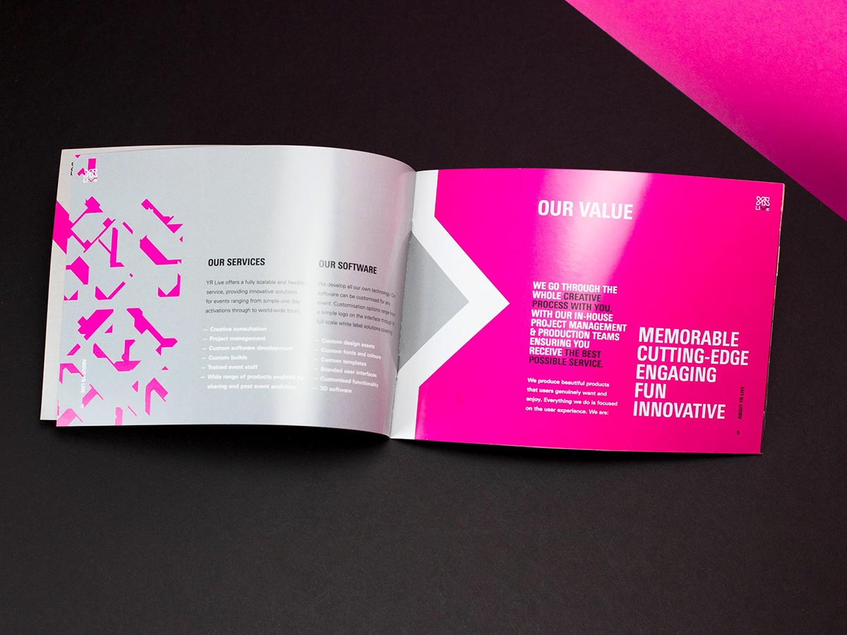 Branded booklet pages explaining the values YR Live delivers to its clients.