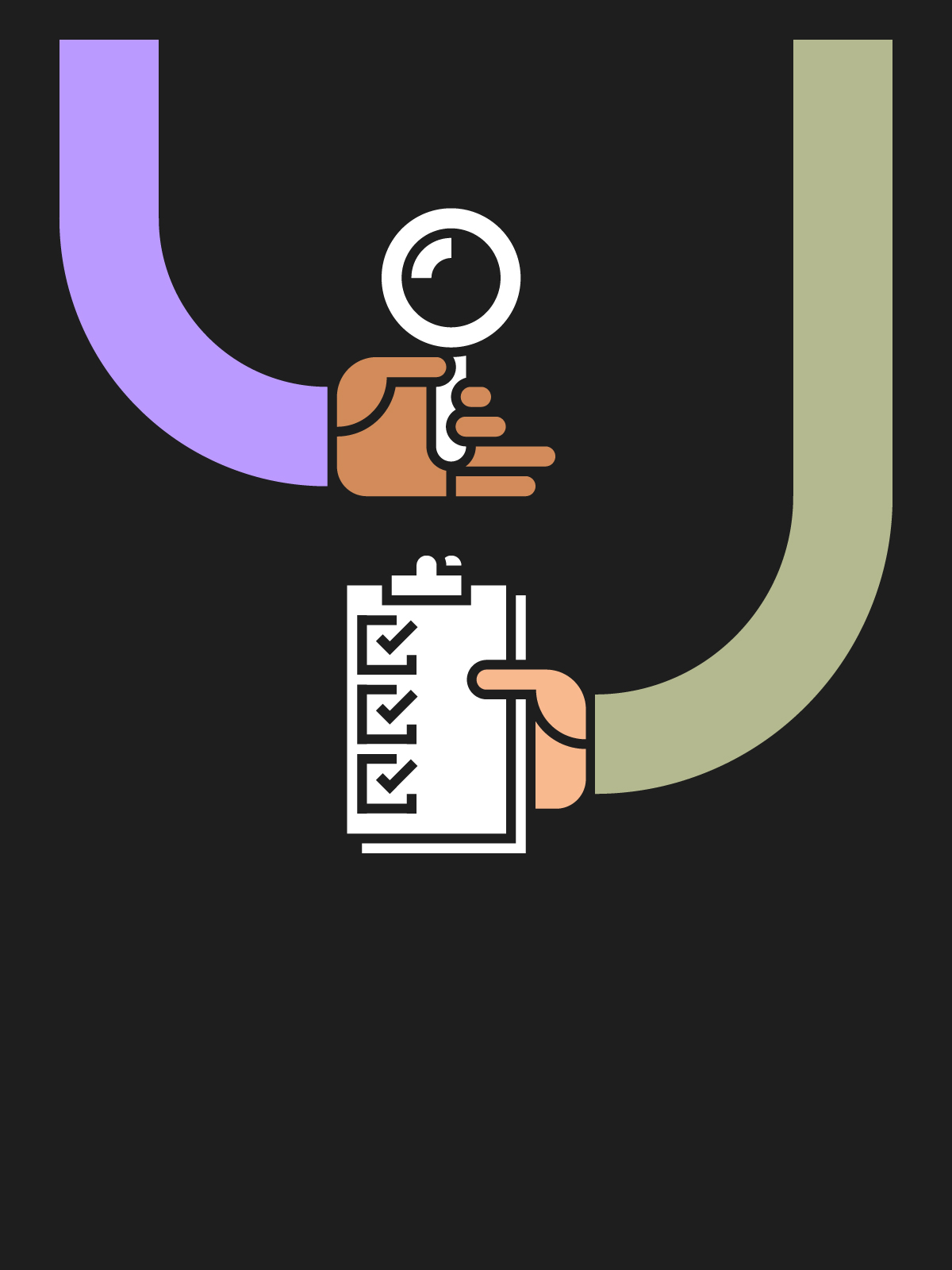 Illustration depicting stylised hands holding a magnifying glass and a checklist.