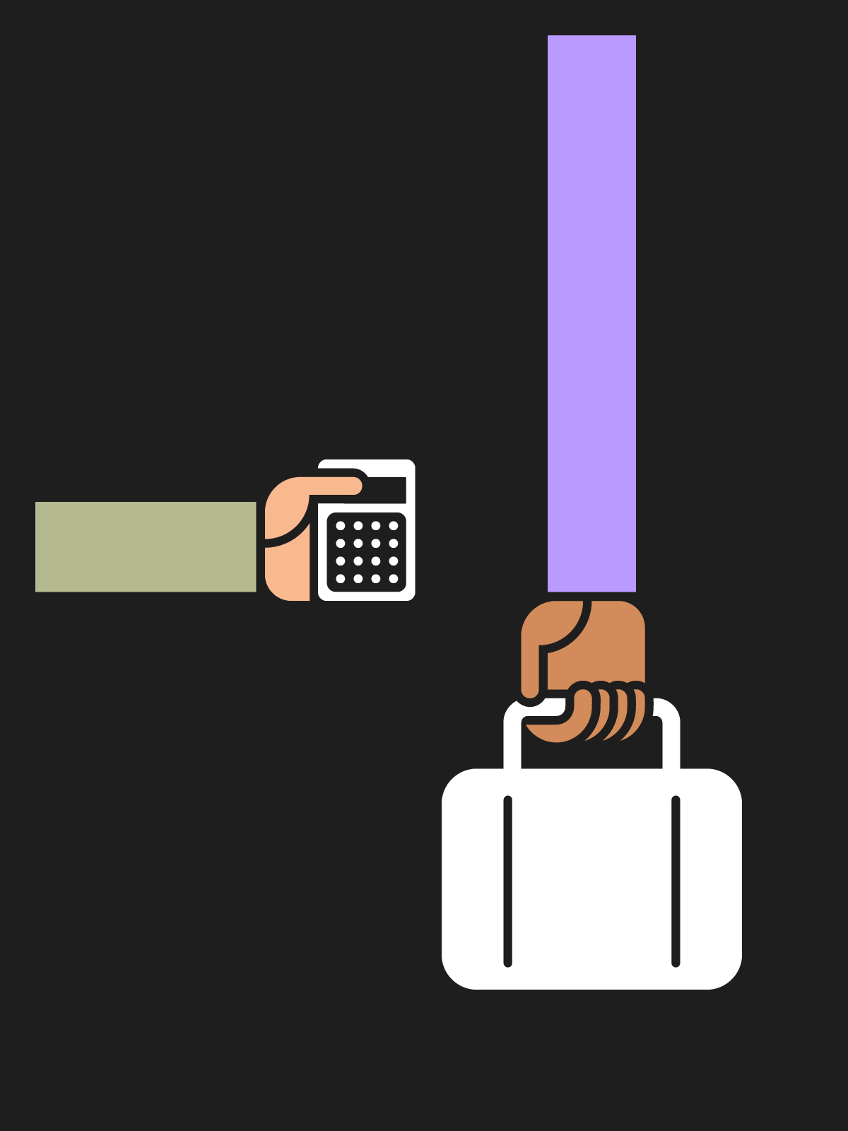 Illustration depicting stylised hands holding a briefcase and calculator.