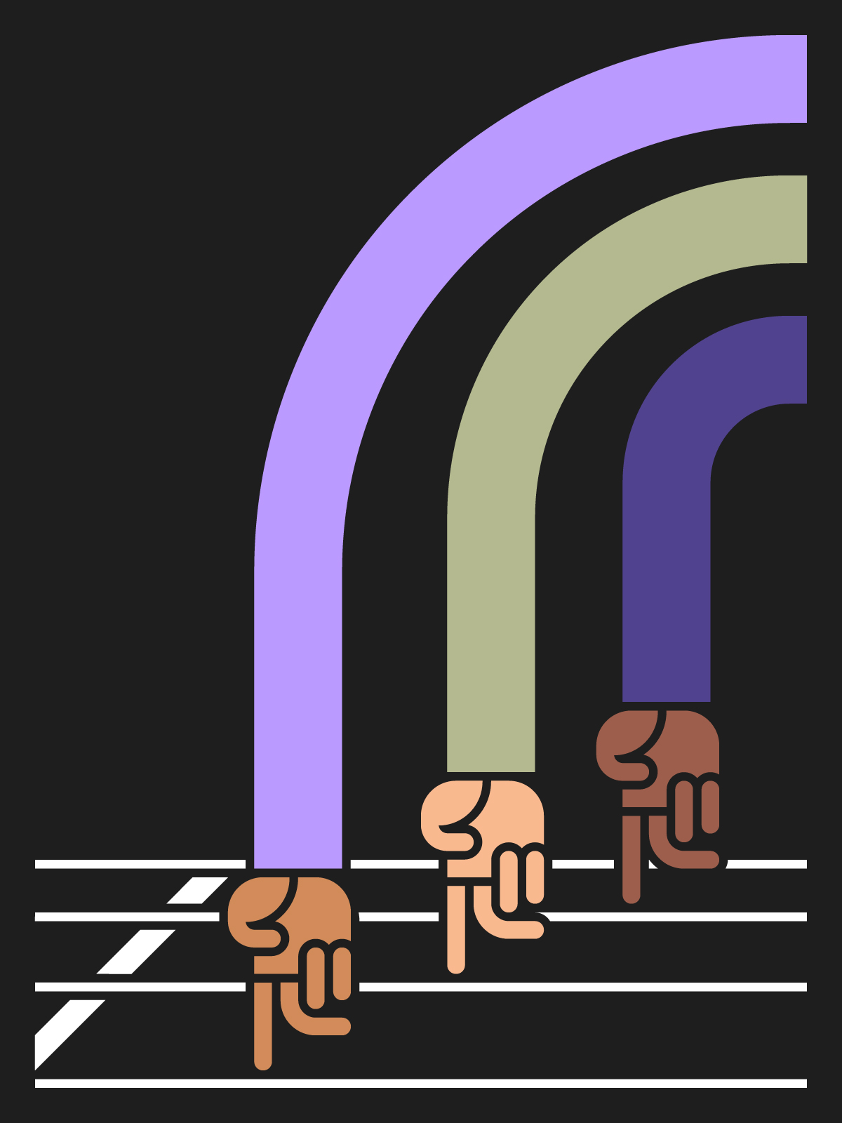 Illustration depicting stylised hands as they race like runners on a track.
