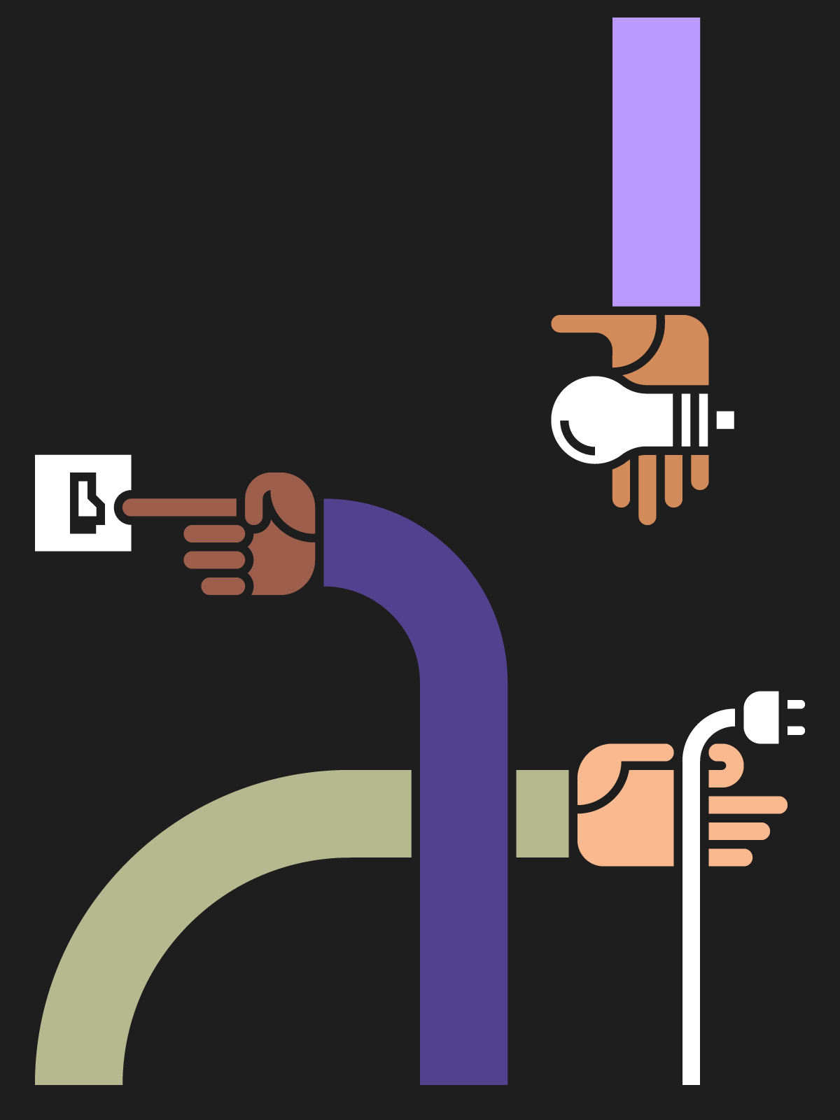 Illustration depicting stylised hands as they try to get a lamp working.