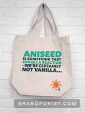 Tote bag with Aniseed PR’s logo and messaging in bold typography.