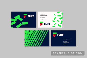 Business card designs featuring Fliff’s logo and brand expressions derived from their mark.