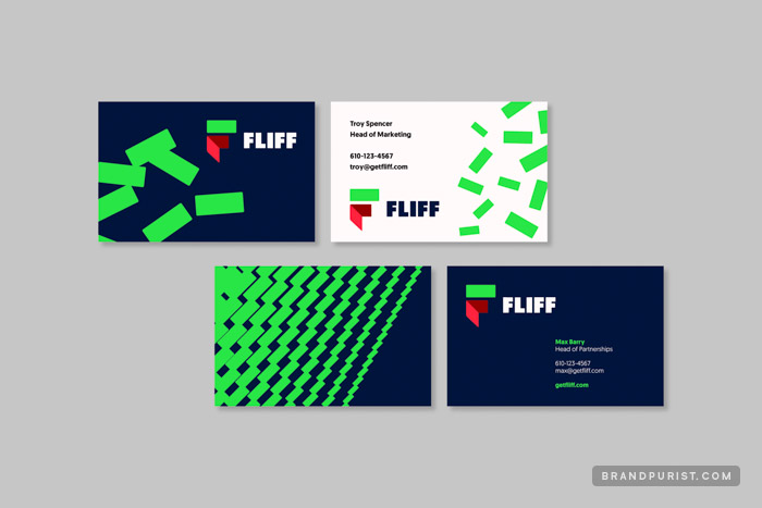 Business card designs featuring Fliff’s logo and brand expressions derived from their mark.