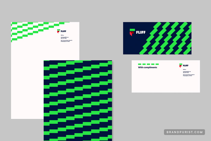 Letterhead and compliment slip designs with Fliff’s branding.