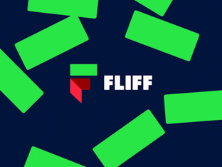 Simple graphic featuring green rectangles on dark blue background falling, like money, behind the Fliff logo.