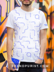 White t-shirt with blue pattern on its front and GivingWays logotype on its sleeve.