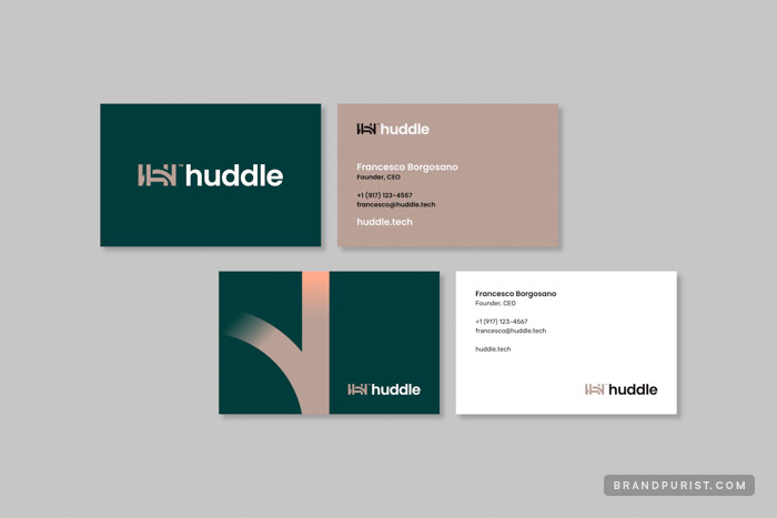 Letterhead and compliment slip design featuring Huddle’s logo and brand expressions derived from their mark.