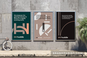 Poster designs showcasing the brand identity of gaming software company Huddle.