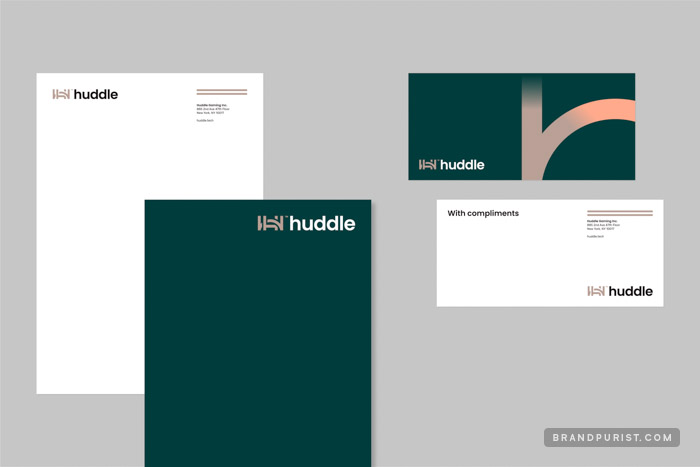 Letterhead and compliment slip designs with Huddle’s branding.