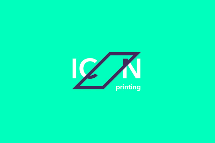 The diagonal rectangle of the ICON Printing logo acts as a frame for a blank canvas.