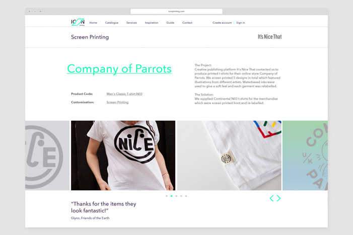 Case study page of It's Nice That - Company of Parrots on the ICON Printing website.