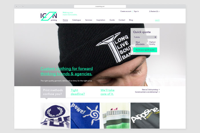 ICON Printing homepage with hero images bring out quality and attention to detail.