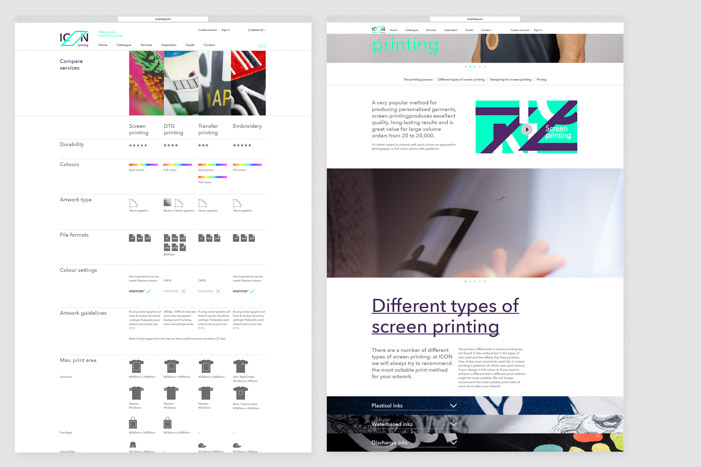 Each page of the ICON Printing website was designed with a minimalist approach using icons, horizontal divider lines, clear grid system and hierarchy.