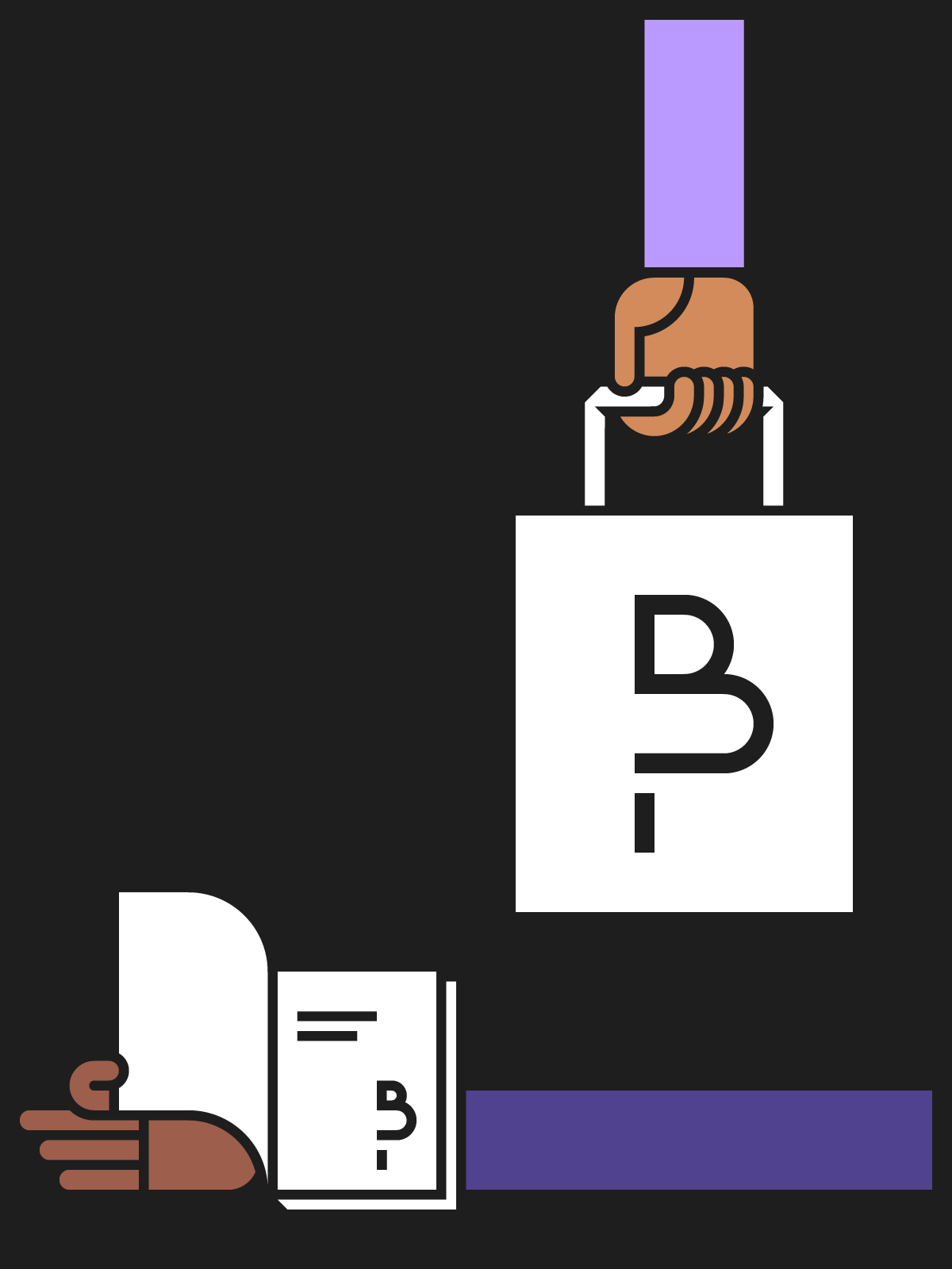 Illustration depicting two stylised hands holding a branded tote bag and a booklet.