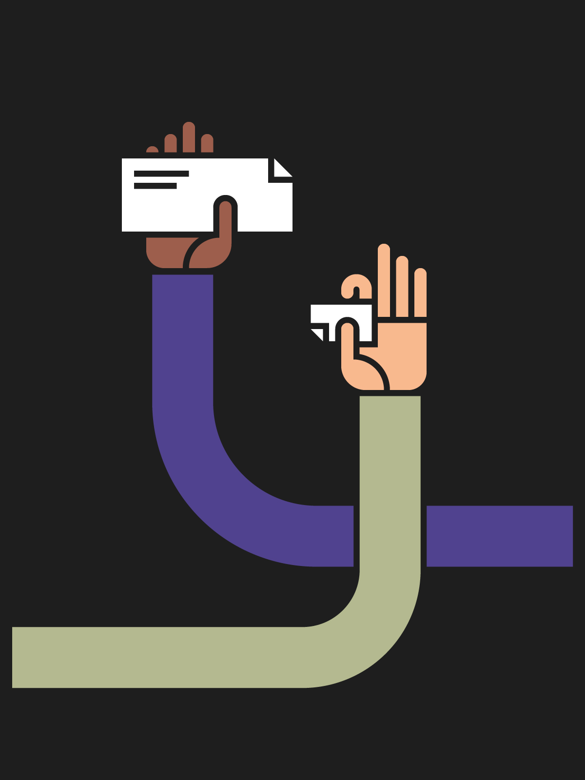 Illustration depicting two stylised hands holding a compliment slip and a business card.