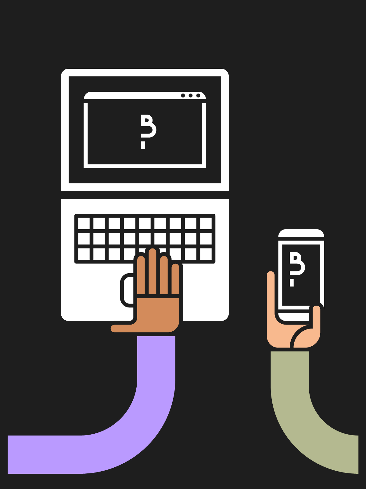 Illustration depicting two stylised hands using a computer and a mobile phone.