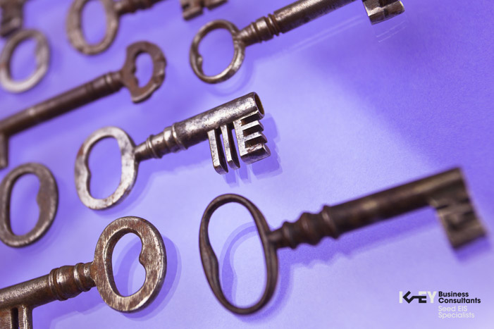 A set of small antique keys photographed on a purple background.