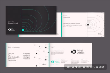 Pages of the brand guidelines document created by branding agency Brand Purist for recruitment company Mind Detect.