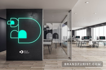 On-brand neon lights and office decoration visualised by branding company Brand Purist for recruitment agency Mind Detect.
