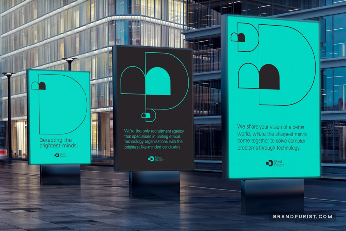 Three outdoor posters showcasing the geometric graphics of the Mind Detect visual identity.