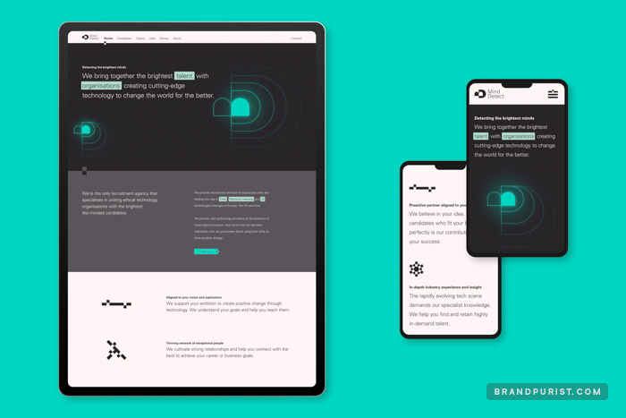 Minimalist website designed by Brand Purist for tech recruitment agency Mind Detect.