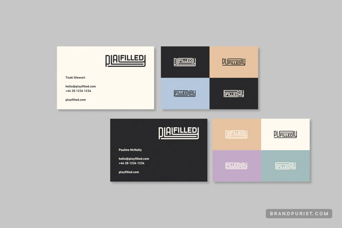 Business card designs featuring Playfilled’s adaptive logo design.