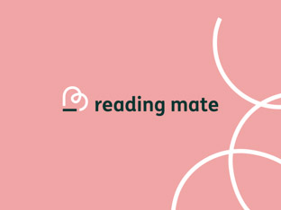 Reading Mate logo featuring a heart shaped mark that also looks like a highly simplified depiction of a person holding a tablet.