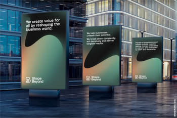 Poster designs showcasing the brand identity of business consultancy Shape Beyond.