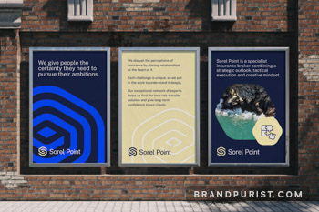 Three outdoor advertising posters displayed on a brick wall, featuring Sorel Point branding and messages