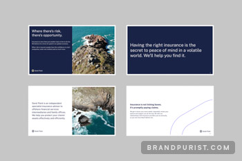 Four slides from Sorel Point’s presentation, featuring drone photos of a rocky coast and bold typography over white or navy backgrounds.