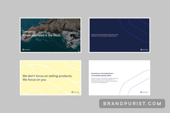 Four pages from Sorel Point’s slide deck featuring linear artwork inspired by their logo, and bold typography over white, navy, or yellow backgrounds.