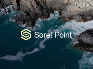 Sorel Point logo featuring a yellow mark that is made out of two interlocking hexagons surrounding a rhombus on navy background with light blue linear pattern.
