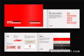 Brand book showcasing logo and colour guidelines for the Spell Change visual identity.