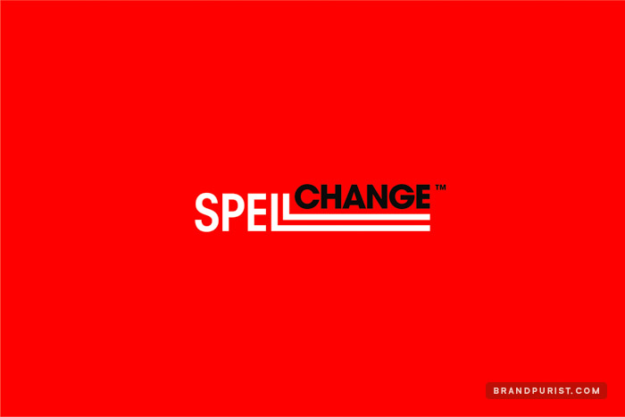 Spell Change type mark on vibrant red background.