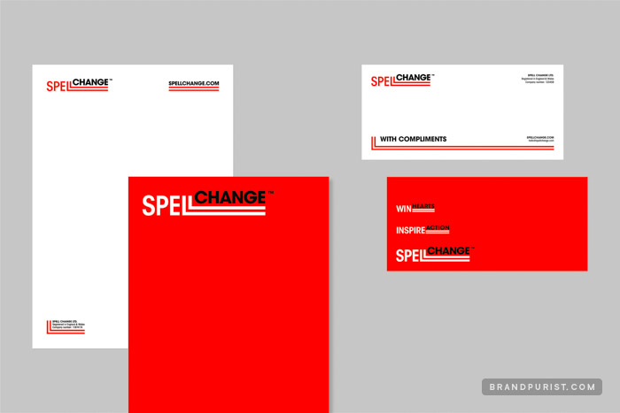 Letterhead and compliment slip designs featuring the Spell Change logo.