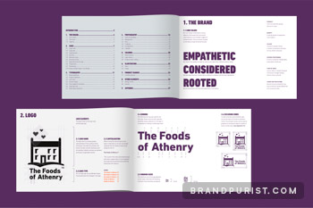 Samples from The Foods of Athenry brand book summarising logo guidelines.