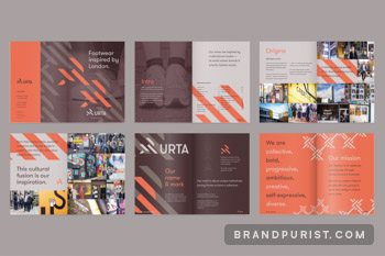 Pages from URTA’s brand book describing the brand’s origin story.