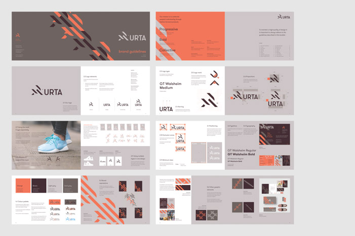 Overview of the detailed brand guidelines created for URTA.