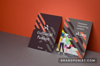 Multiple flyer designs appear with brand expressions all derived from the logo but in different creative ways.